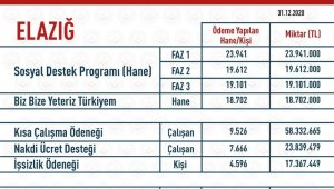 Elazığ'da Covid-19 destekleri kapsamında 185 milyon 863 bin TL ödendi