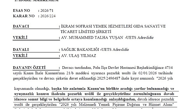 Mahkeme: Palu Devlet Hastanesi'nin pazarlık usulü yemek ihalesini hukuka aykırı buldu